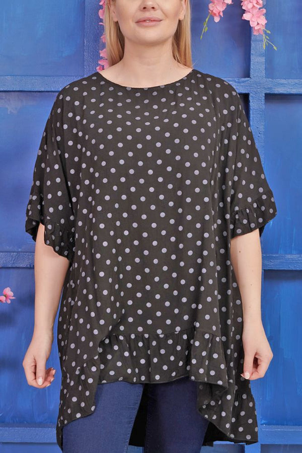 Polka Dot Print Dipped Hem Viscose Top