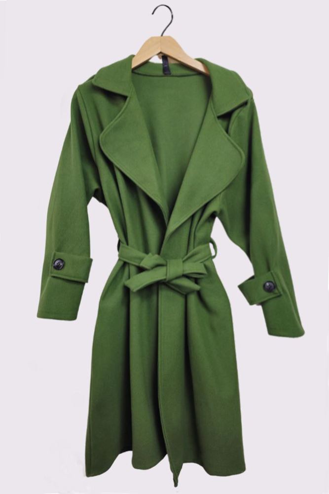 Plain Shoulder And Sleeve Button Detail Belted Coat