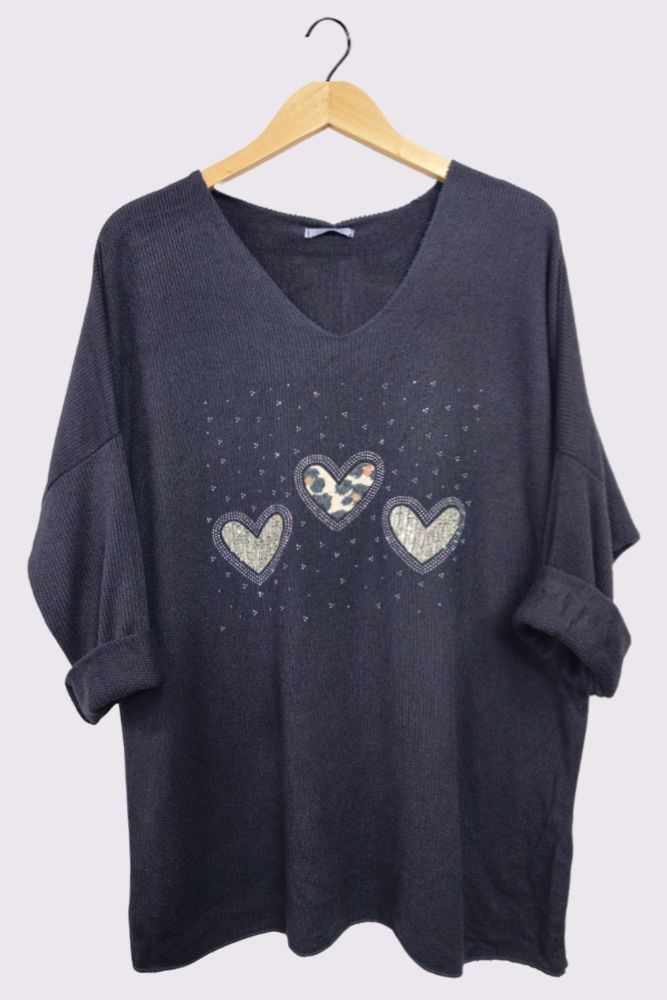 3 Heart Diamante Detail Soft Knit Ribbed Style Top