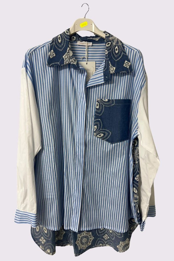 Denim Cut Out Embroidered Stripe Cotton Shirt