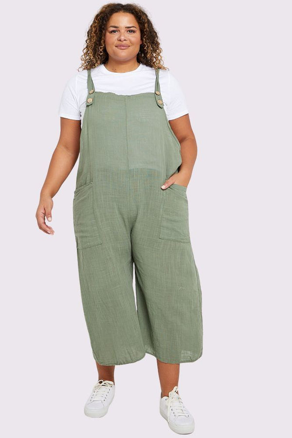 Strap Button Detail Plain Linen Jumpsuit Dungaree