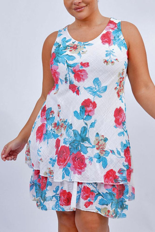 Rose Flower Print Layered Hem Cotton Dress