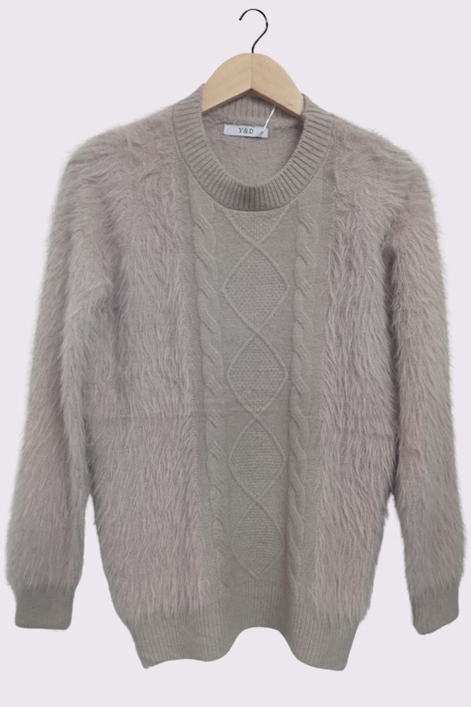 Cable Knit Pattern Faux Fur Sleeve Jumper