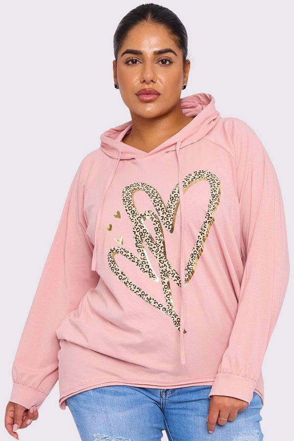 Leopard Heart Print High Low Hem Drawstring Cotton Hoody