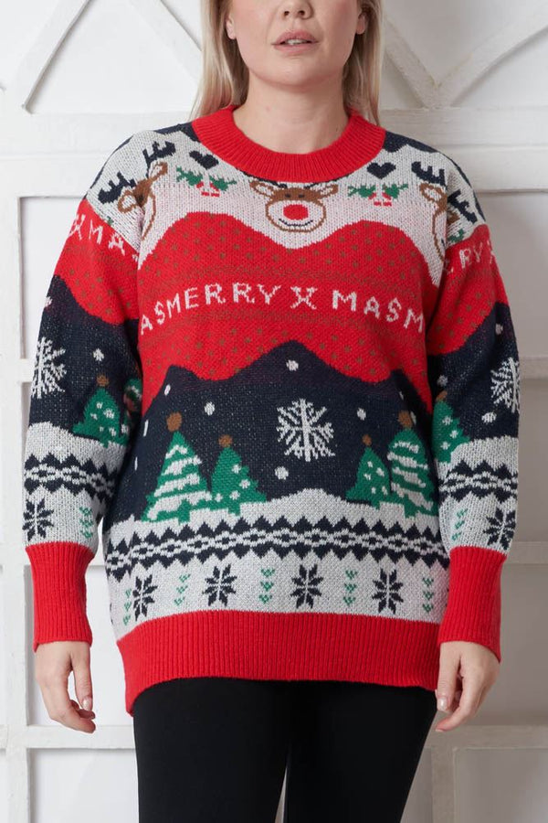 Reindeer Face Pattern Xmas Ribbed Jumper