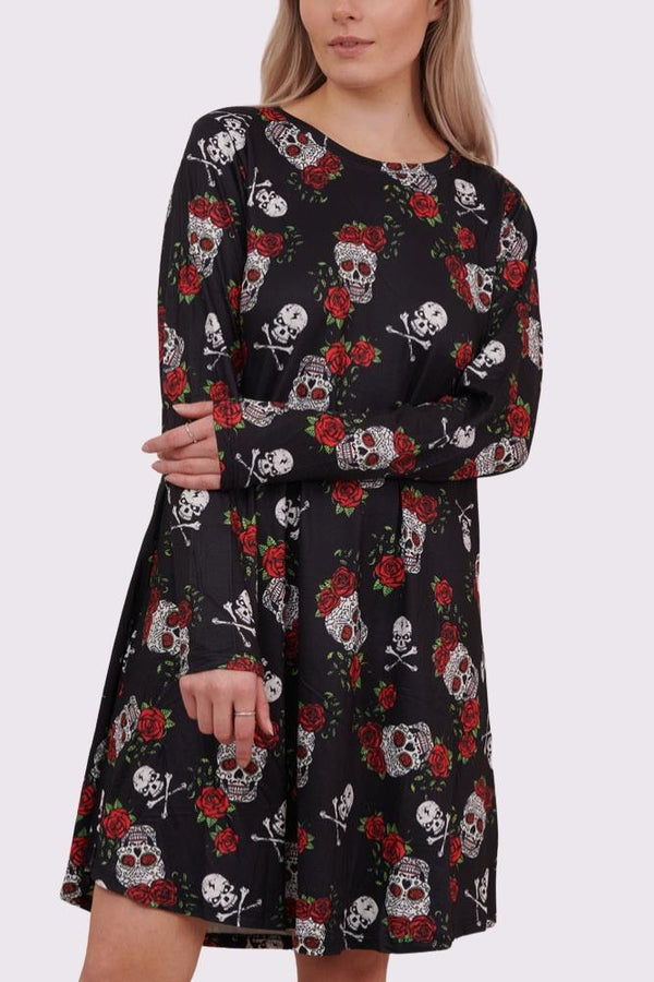 Rose Skull And Bones Print Halloween Dress