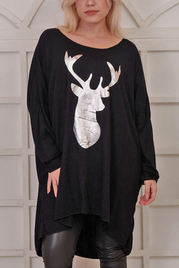 Reindeer Face XMAS Dipped Hem Top