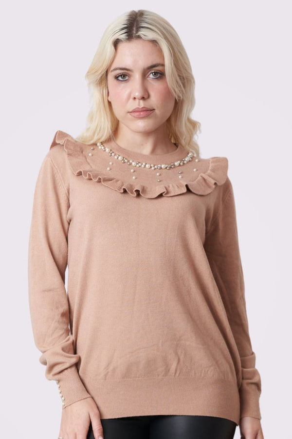 Plain Beaded Ruffle Long Sleeve Knitted Top