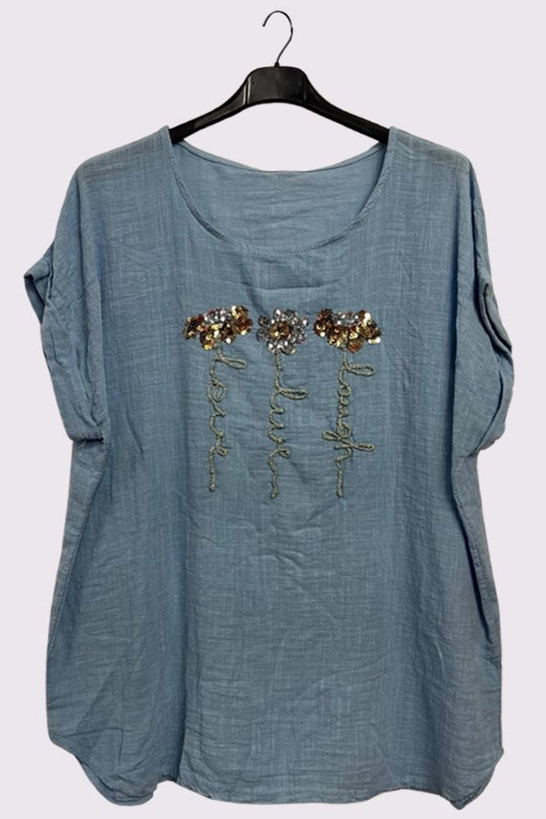 Sequin Embroidered Flower Pattern Curved Hem Cotton Top