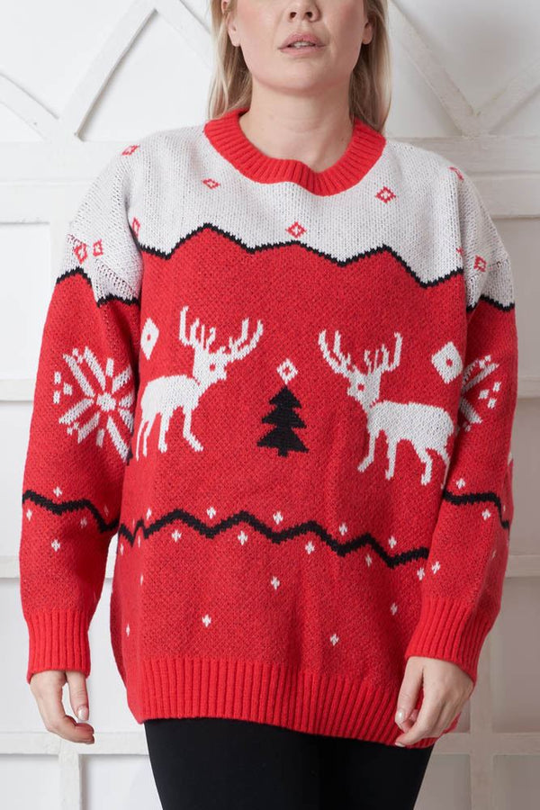 Reindeer Tree Pattern Xmas Ribbed Jumper