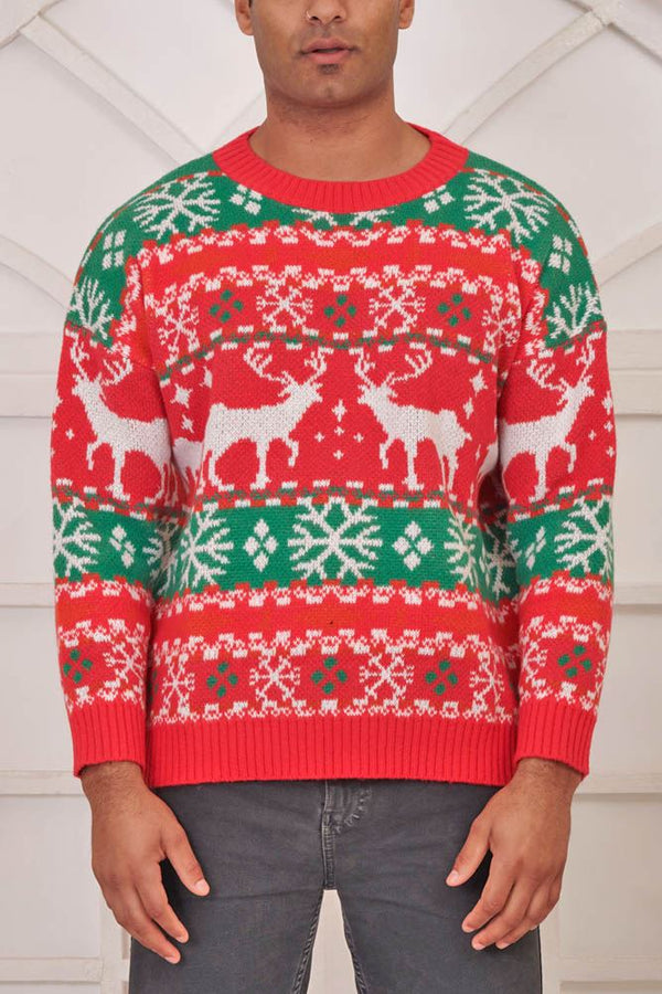 Snowflake Reindeer Pattern Xmas Ribbed Jumper