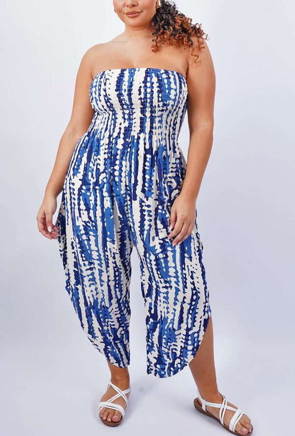 Snake Print Shirred Tube Neck Cotton Jumpsuit