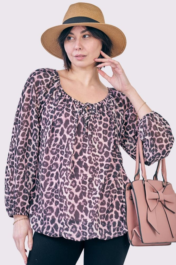 Leopard Print Oversized Drawstring Neckline Top