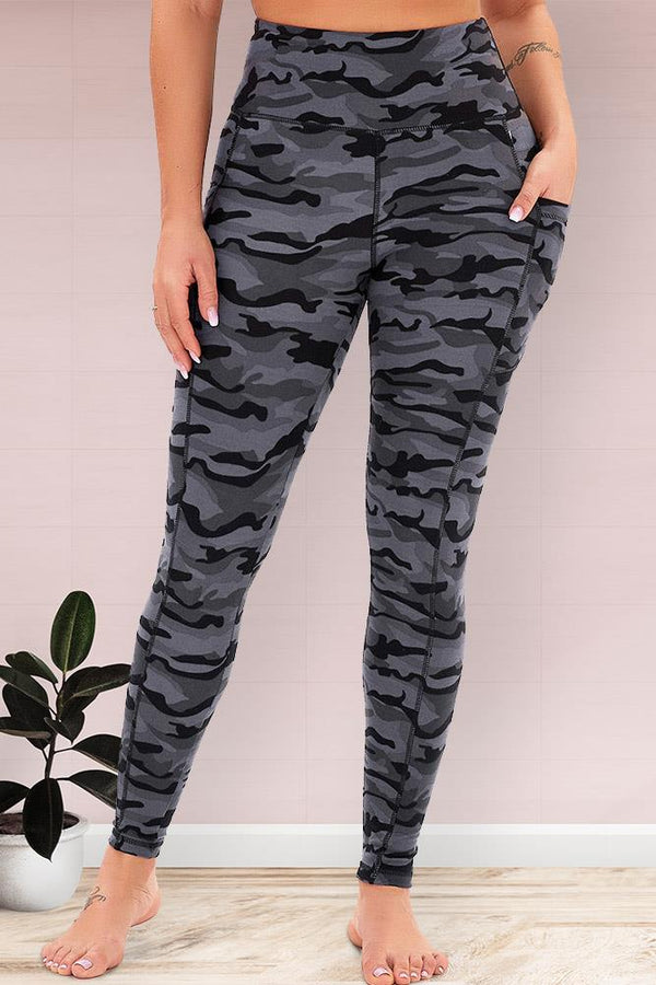 Grey Camouflage Print Gym Pocket Leggings