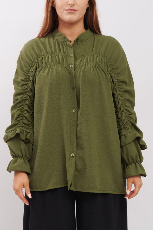 Plain Elasticated Balloon Sleeve Ruffle Shirt