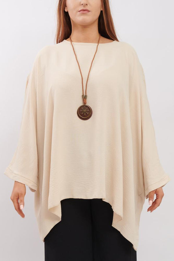 Plain Necklace Dipped Hem Viscose Top