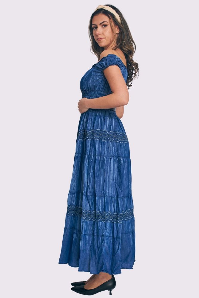 Embroidered Pattern Shirred Waist Tiered Denim Cotton Dress