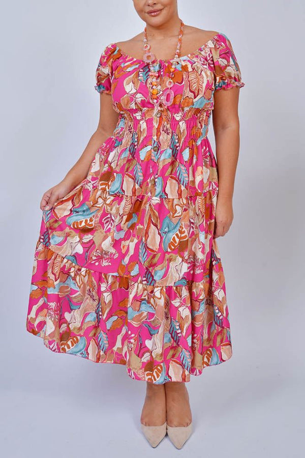 Abstract Print Tiered Button Detail Dress