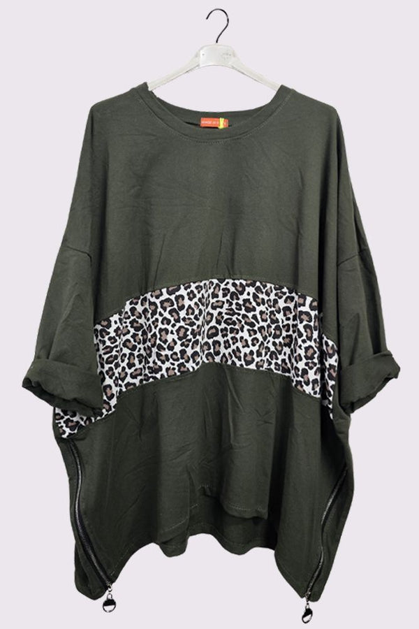 Leopard Panel Hanky Hem Side Zip Cotton Top