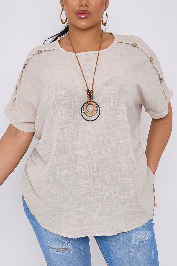 Plain Shoulder Button Details Cotton Top