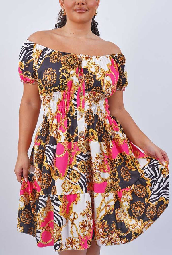 Baroque Print Shirred Waist Tiered Dress