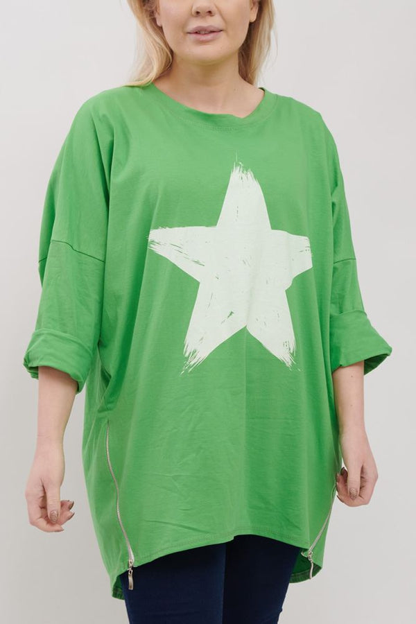 Brush Stroke Star Print Side Zip Detail Cotton Top