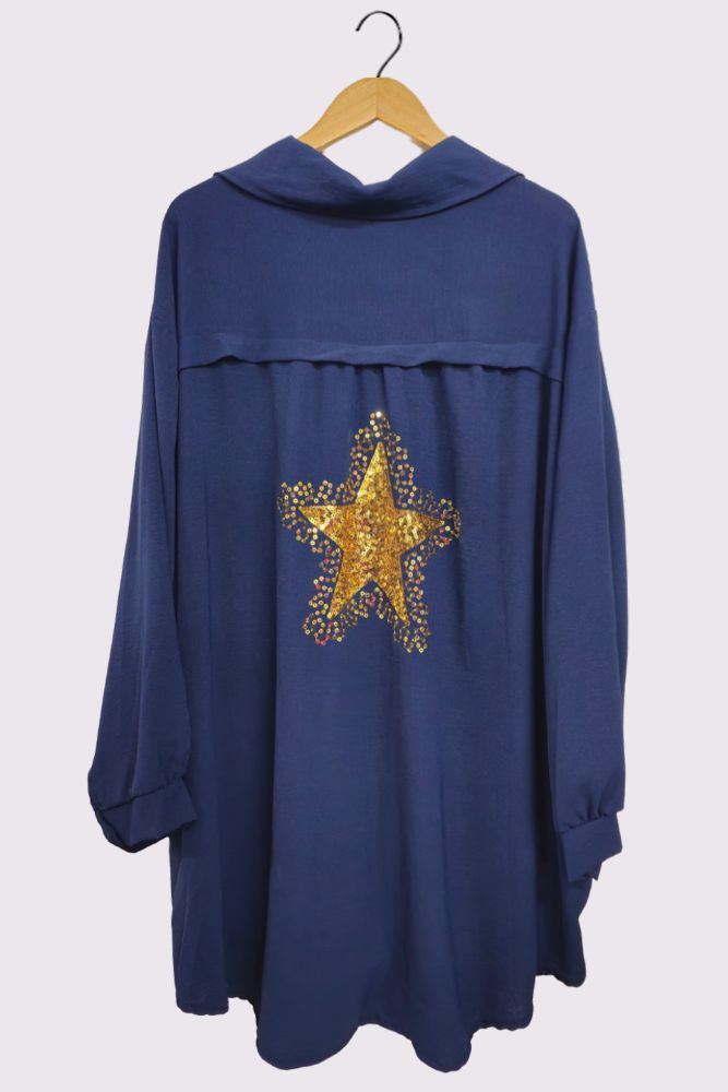 Sequin Star Back Button Closure Curved Hem Shirt