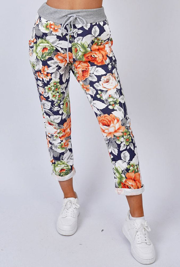 Rose Flower Print Pockets Cotton Trousers