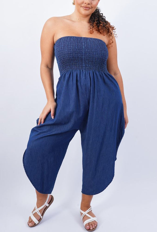 Plain Shirred Tube Neck Cotton Jumpsuit