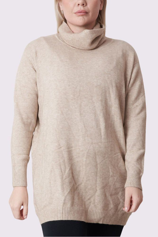 Oversized Ribbed Roll Neck Tunic Jumper