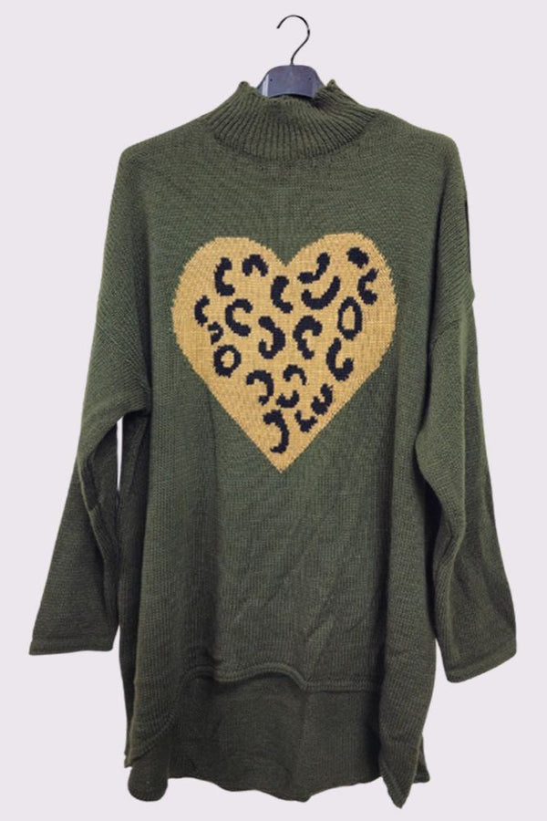 Leopard Heart Knit Style High Low Hem Jumper