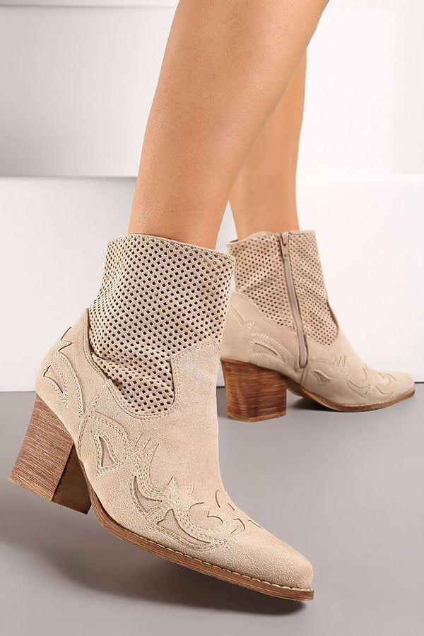 Suede Embroidered Heel Zip Up Cowgirl Boot