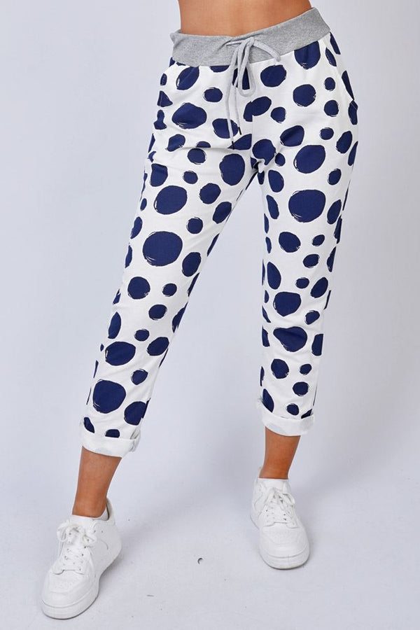 Polka Dot Print Pockets Cotton Trousers