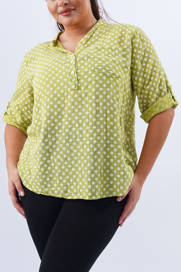 Polka Dot Print Button Up Pocket Cotton Top