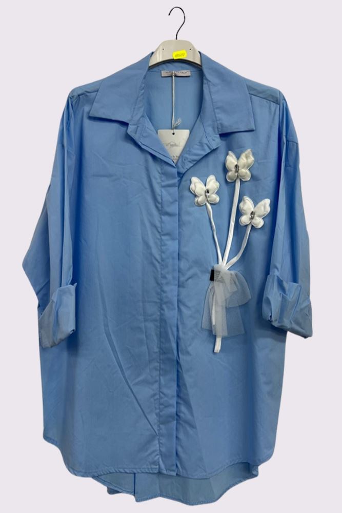 Flower Applique Pattern High Low Hem Shirt