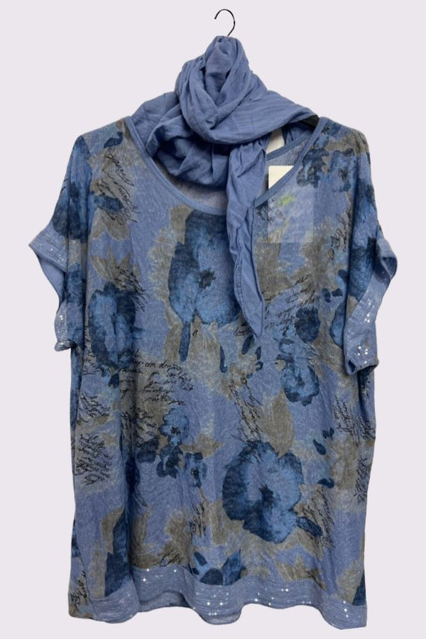 Floral Print Sequin Detail Hem With Scarf Box Top