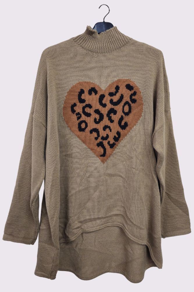 Leopard Heart Knit Style High Low Hem Jumper