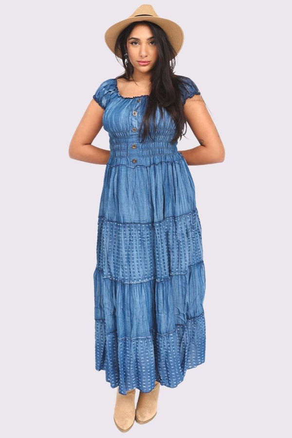 Plain Shirred Waist Tiered Denim Cotton Dress