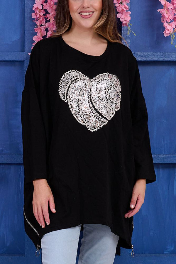 Sequin Heart Motif Side Zip Cotton Top