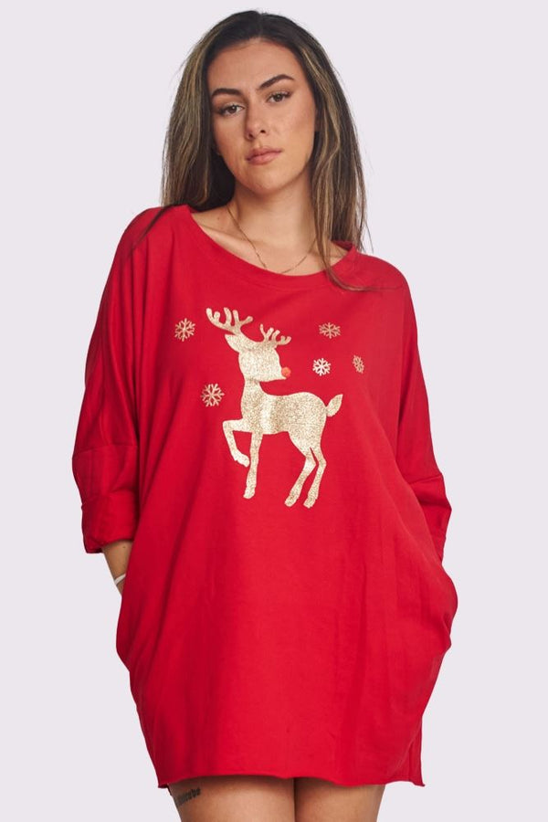 Gold Glitter Rudolph Snowflake Motif Oversized Side Pockets DipHem Cotton Top