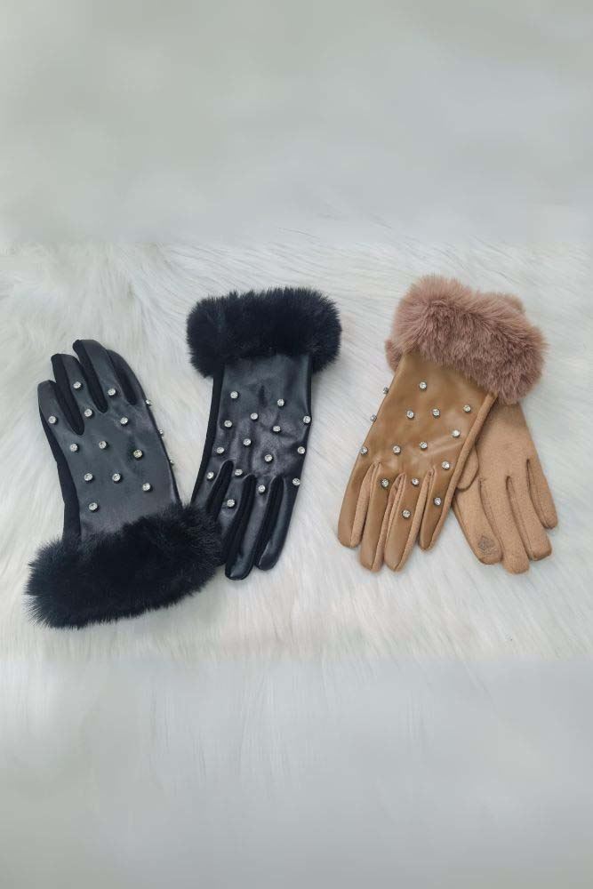 Pearl Studded Faux Fur Cuff Gloves