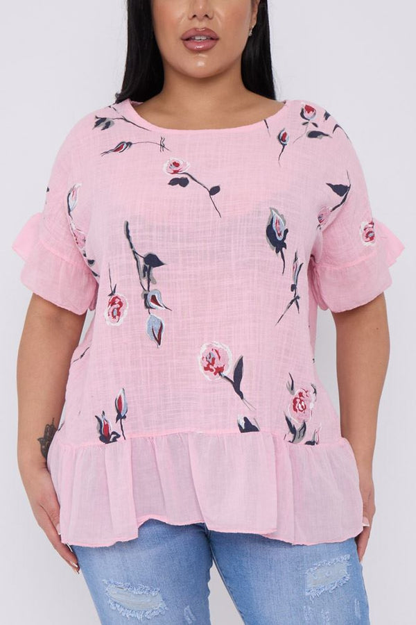 Rose Flower Print Flared Hem Cotton Top