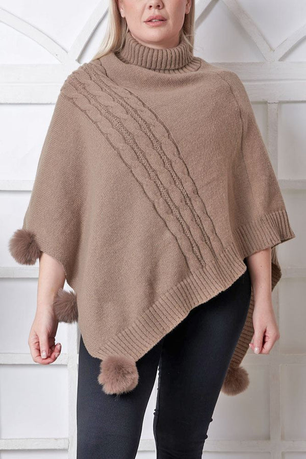 Trendsi Faux Fur Trim Cable-Knit Poncho