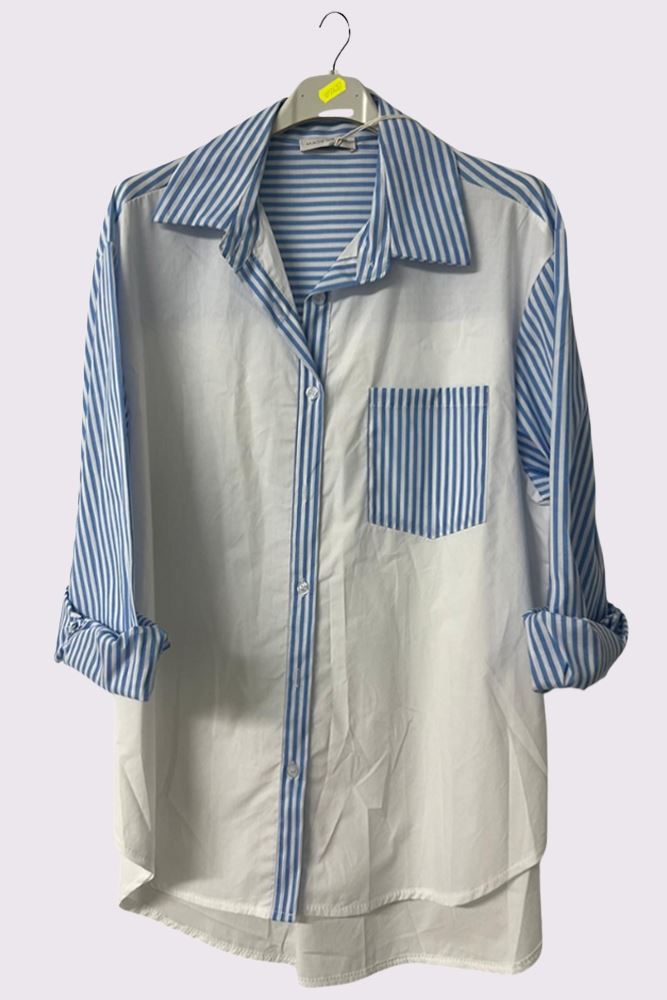 Stripe Sleeve Pocket Cotton Shirt