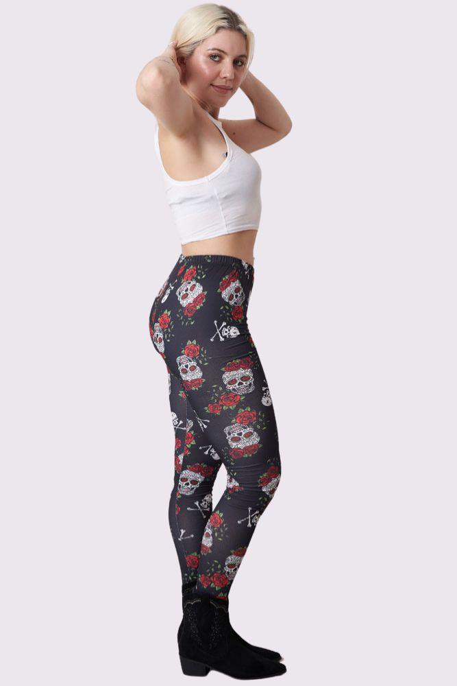 Rose Skull And Bones Print Halloween Leggings