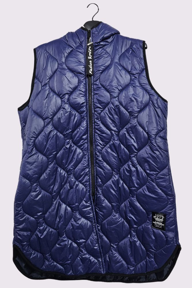 Plain Quilted Long Logo Zip Hood Gilet Jacket