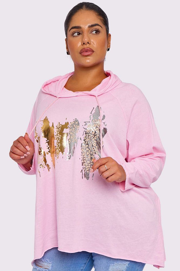 Foil Brush-stroke Pattern Drop Hem Drawstring Hoodie