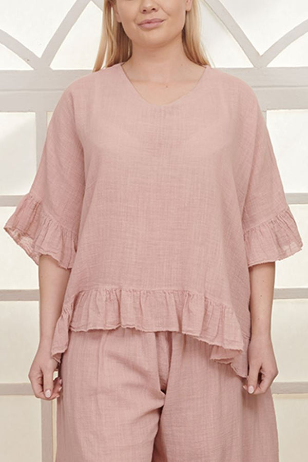 Plain Ruffle Hem Linen Top