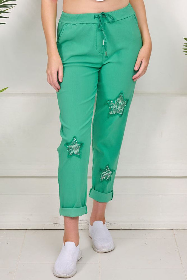 Sequin Star Motif Pockets Cotton Trousers