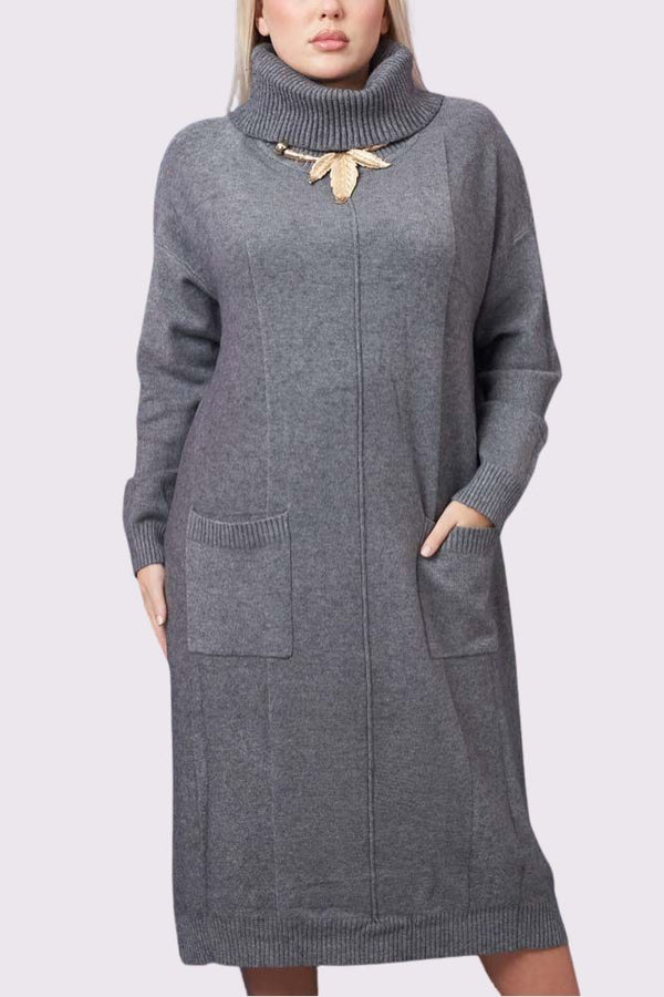 Soft Knit Pocket Ribbed Cuffed Hem Oversized Dress